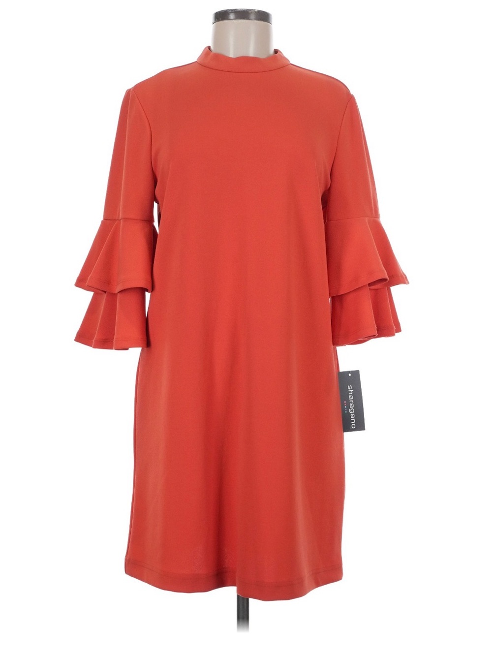Sharagano Coral Orange Mockneck Shift Dress with Tiered Ruffle Sleeves